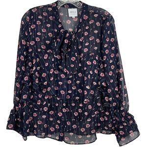 MISA Women's Top Blue Pink Floral Print Ruffle Long Sleeves Sheer Blouse Size M